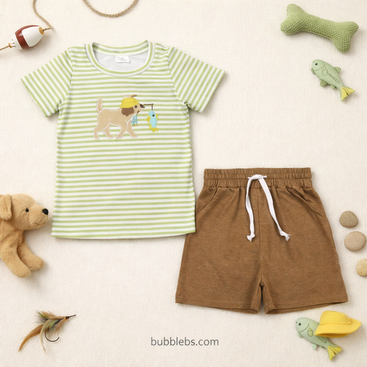 Dog Fishing Striped Boys Two Piece Set