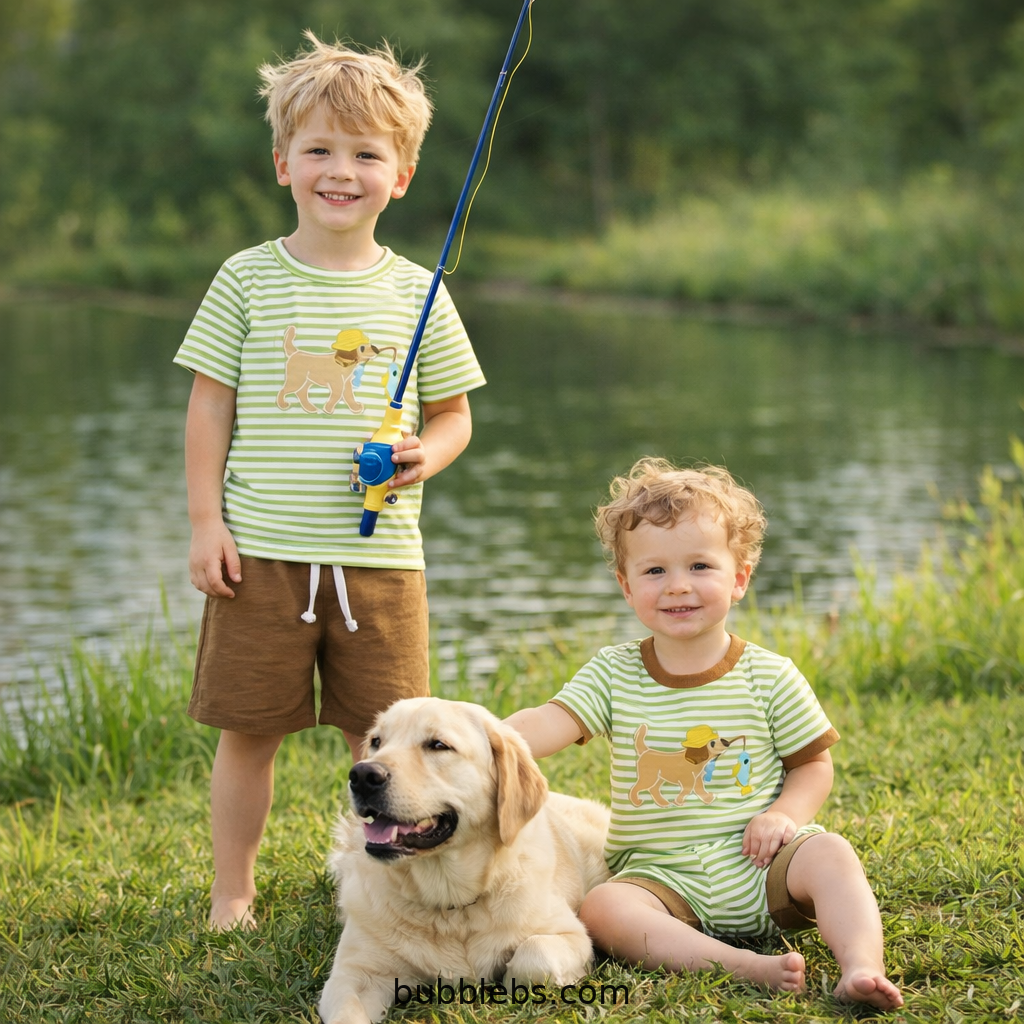 Dog Fishing Striped Boys Bubble Romper