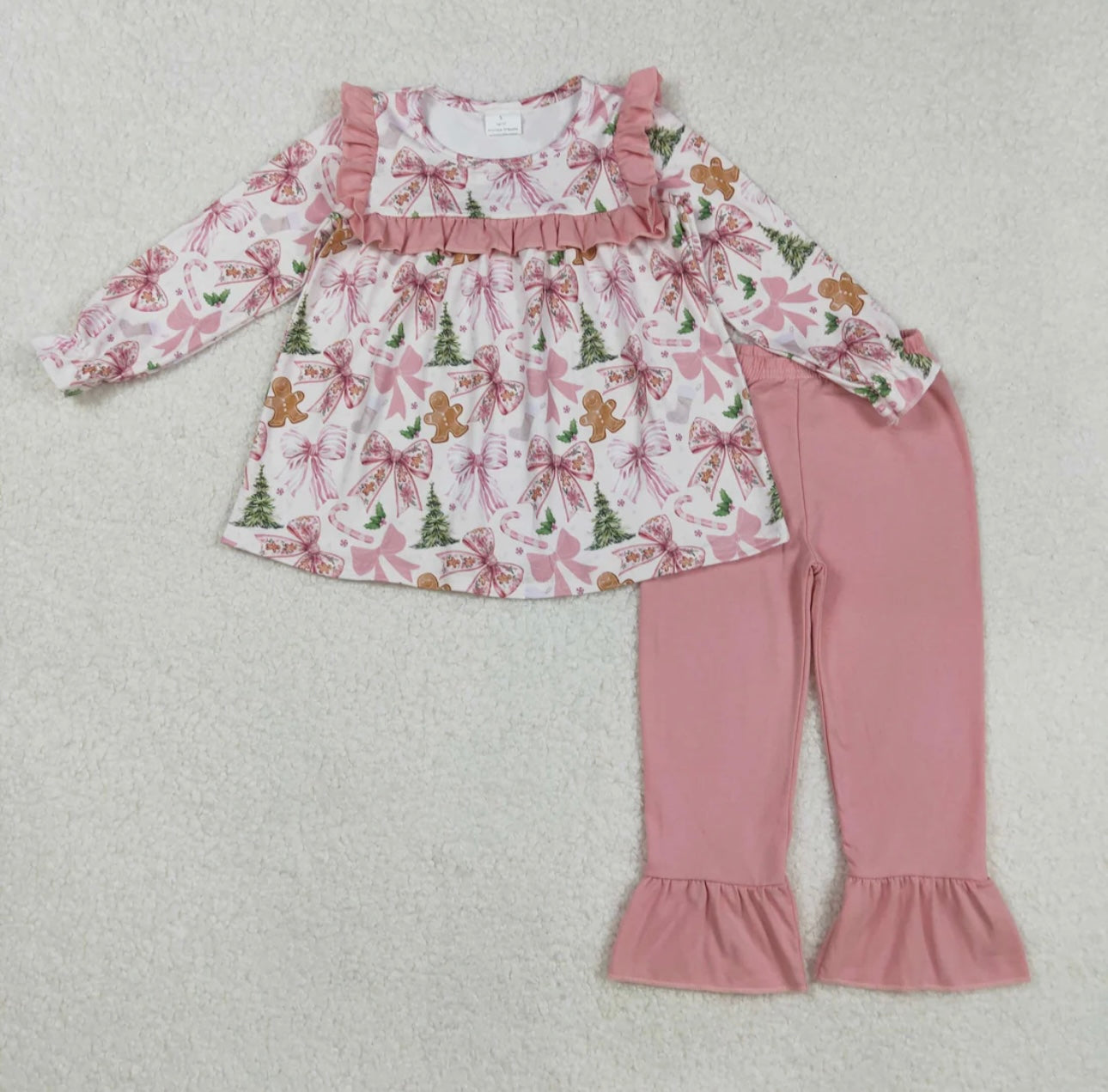 Girls Pink Christmas, Bow, Gingerbread and Ruffle Pant Set