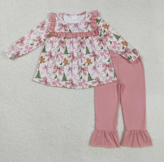 Girls Pink Christmas, Bow, Gingerbread and Ruffle Pant Set