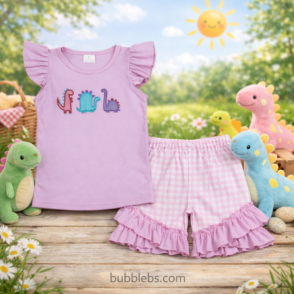 Embroidered dinosaur purple short-sleeved pink and white plaid shorts suit