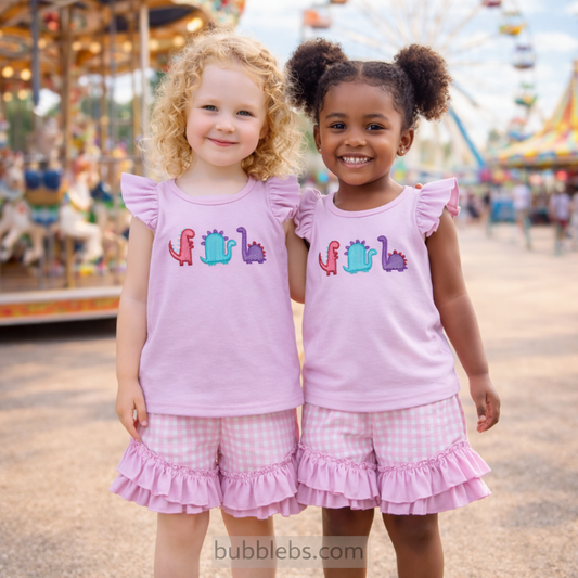 Embroidered dinosaur purple short-sleeved pink and white plaid shorts suit