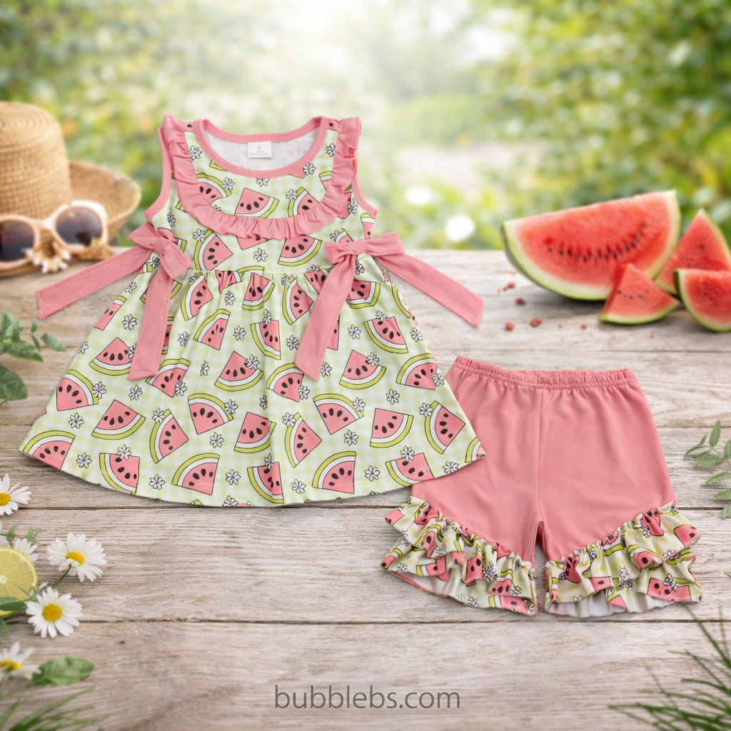Baby Girls Green Tunic Ruffle Shorts Outfit with Checked Flowers Watermelons Print Cute Baby Girl Clothing Set