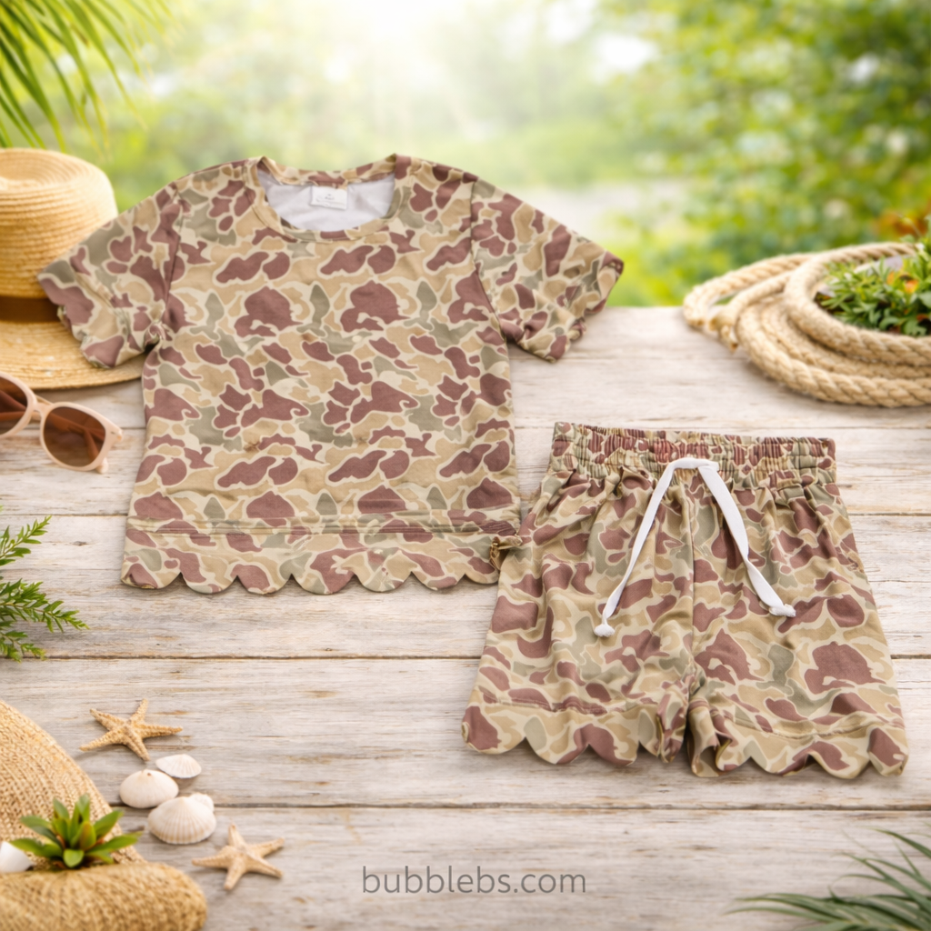 Baby Girls Camouflage Top with Scallop Shorts Outfit Set