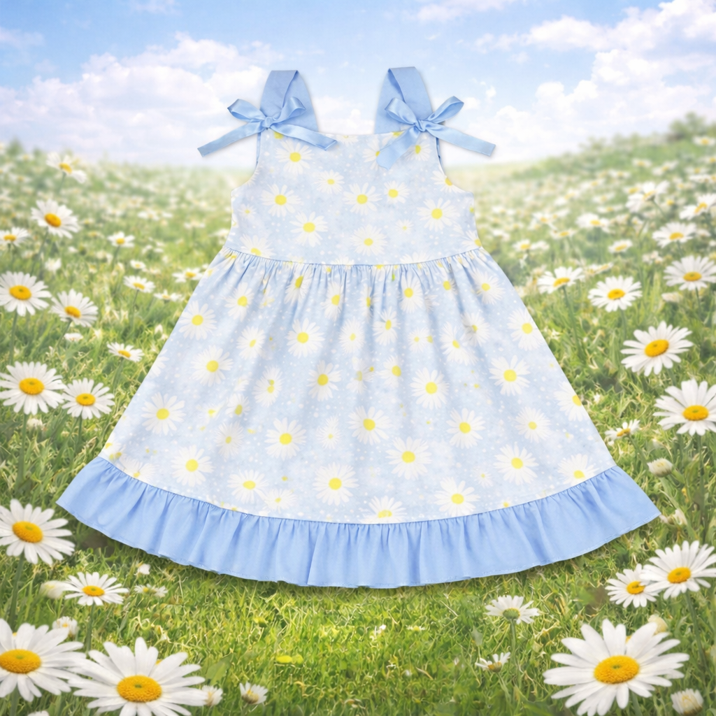 Girls Daisy Flowers Bow Tie-Strap Summer Dress