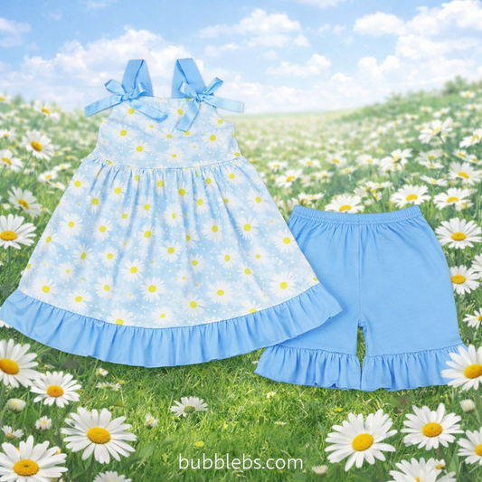 Girls Daisy Flowers Bow Tie-Strap Summer Two-Piece Set