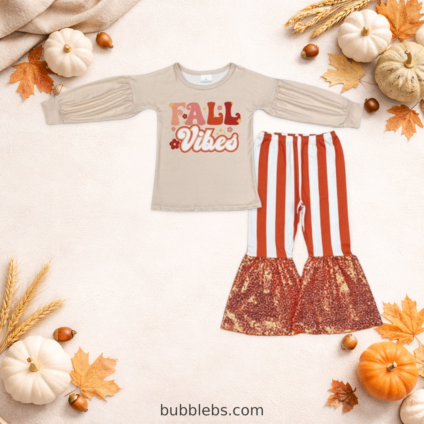 Girls Fall Vibes Outfit Set – Beige Long Sleeve Top & Rust Striped Bell Bottom Pants