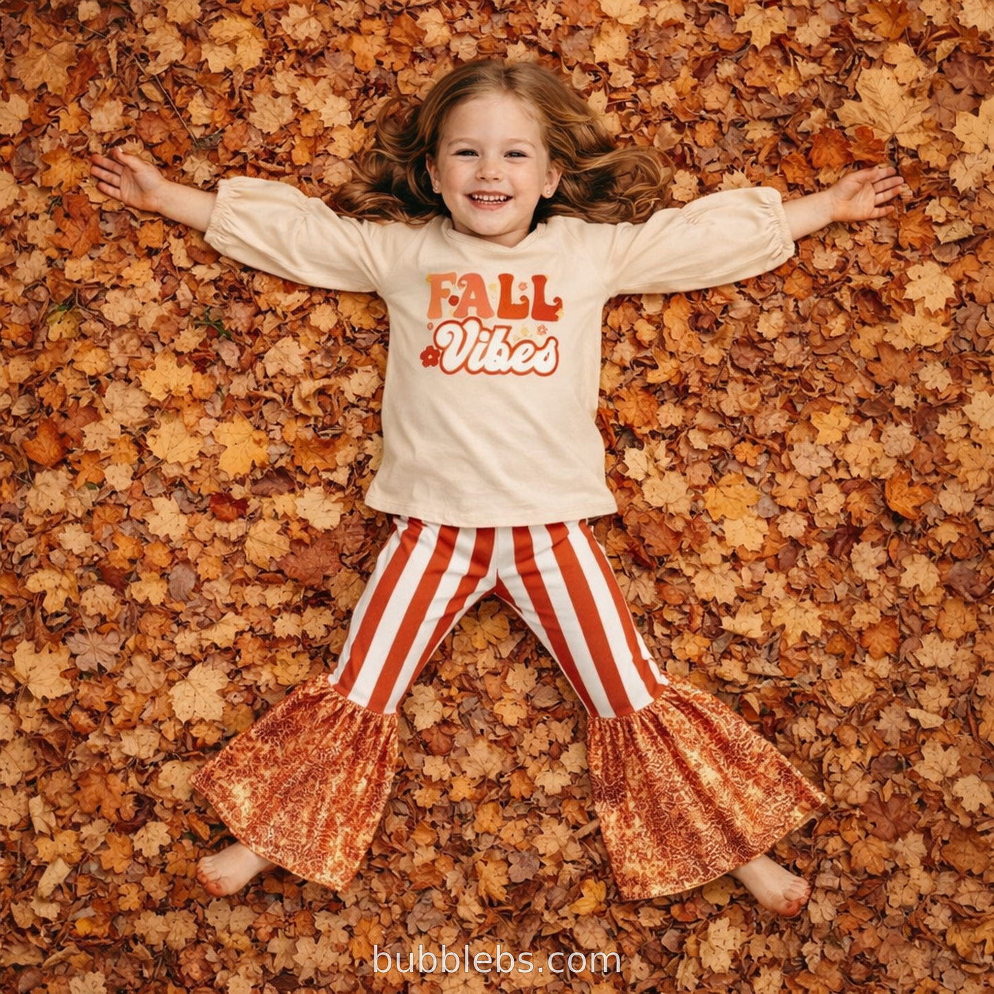 Girls Fall Vibes Outfit Set – Beige Long Sleeve Top & Rust Striped Bell Bottom Pants