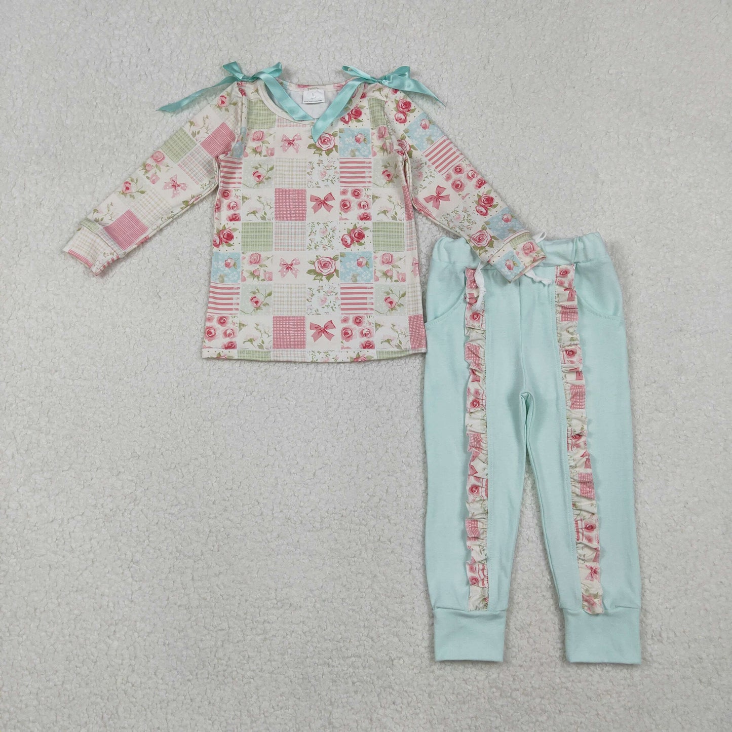 Girls Plaid Floral Blue Bow set