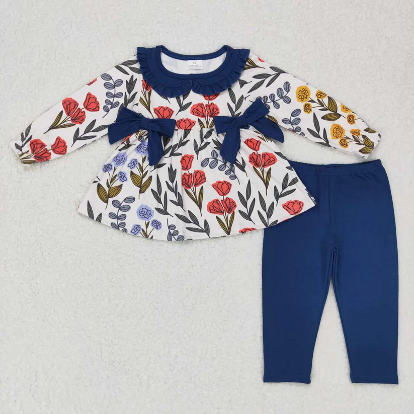 Girls Navy Floral Bow Long Sleeve Set