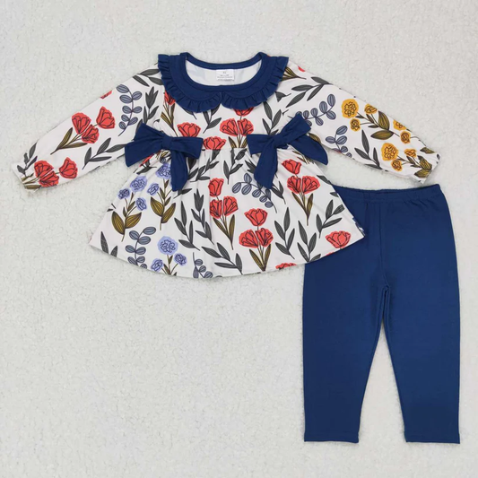Girls Navy Floral Bow Long Sleeve Set