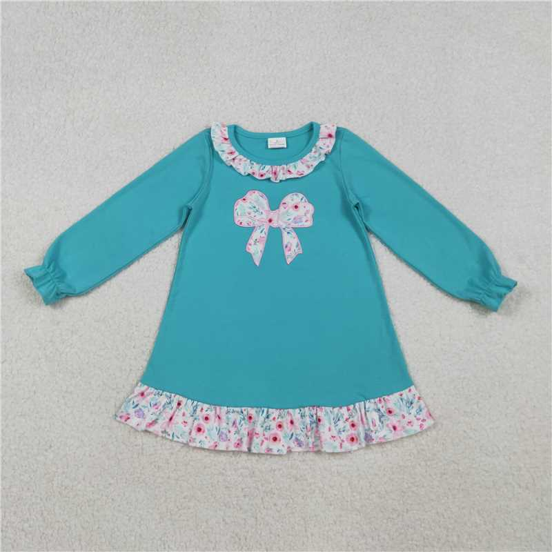 Girls Blue Floral Bow Dress