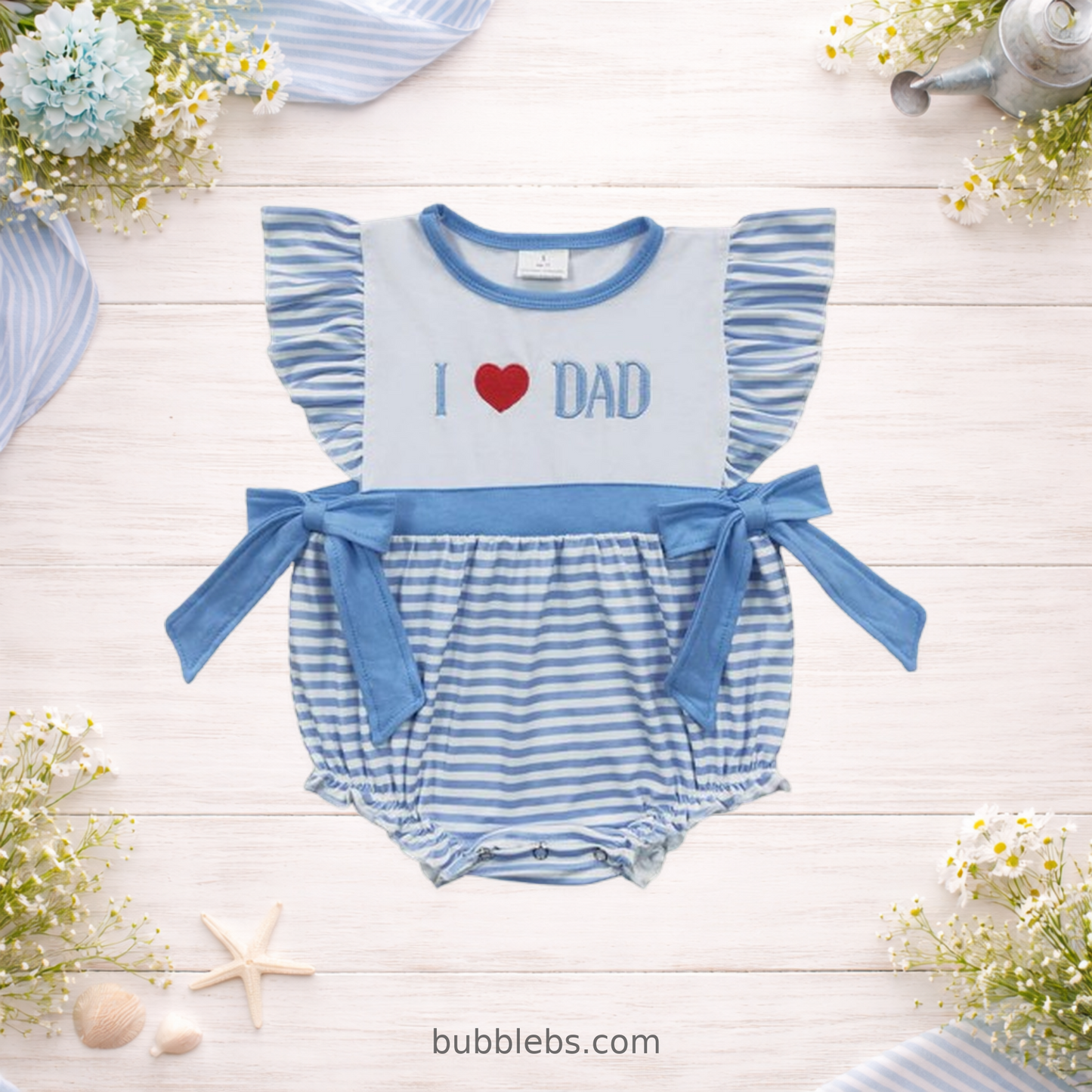 I Love Dad Blue Stripe Girls Bubble Romper