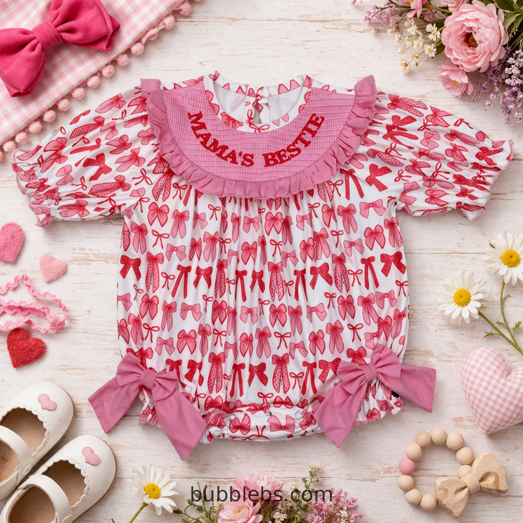 Mama's Bestie Pink Bow Collection Sibling Set Bubble Romper