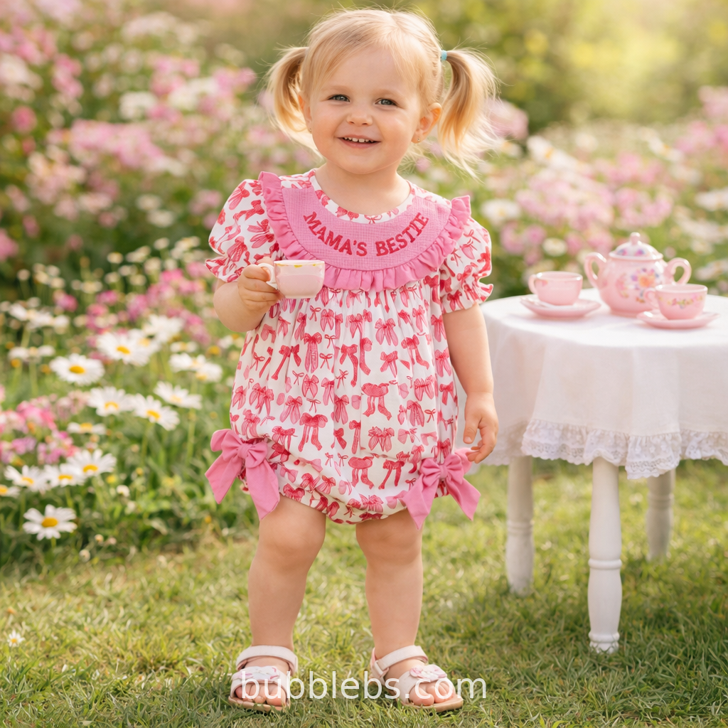 Mama's Bestie Pink Bow Collection Sibling Set Bubble Romper