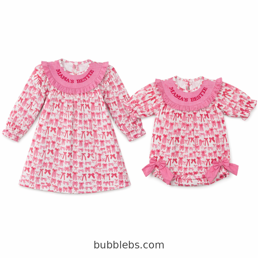 Mama's Bestie Pink Bow Collection Sibling Set Bubble Romper