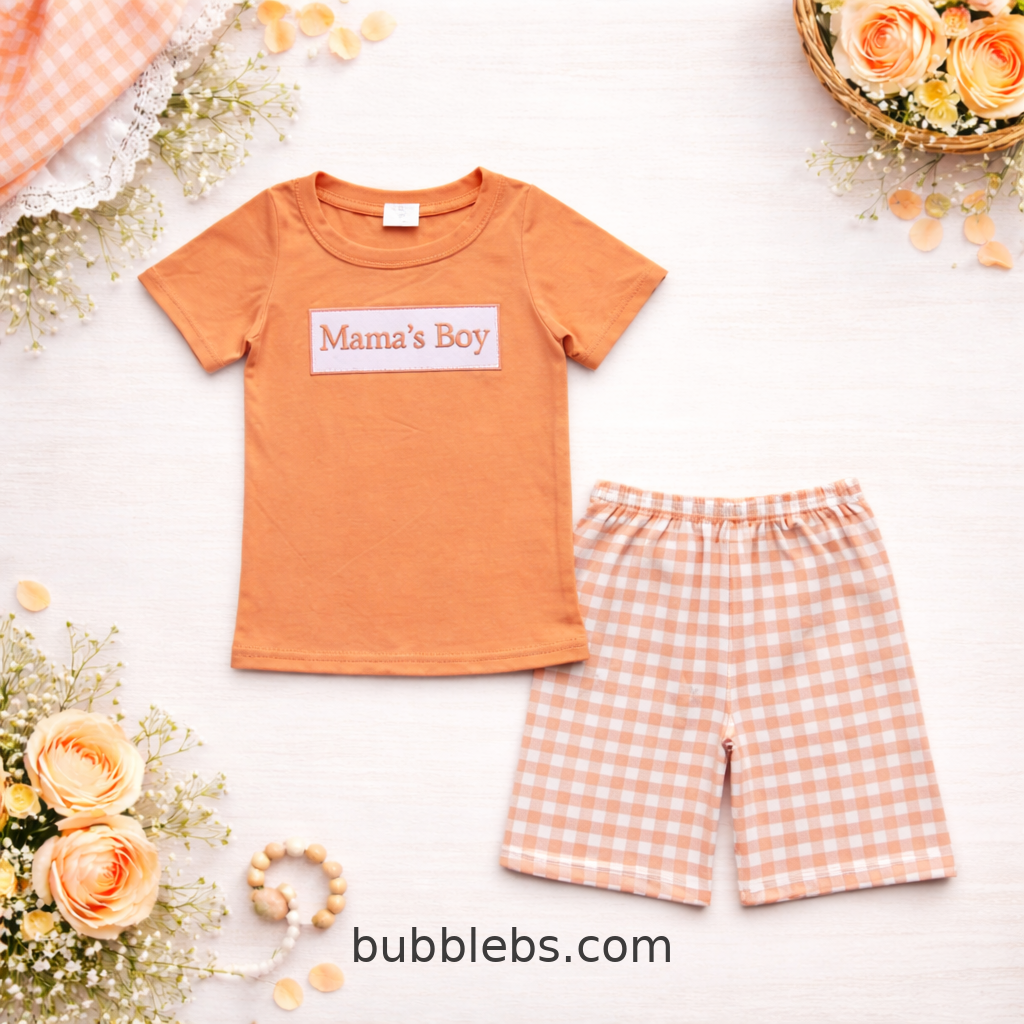 Mama's Boy Orange Tee & Pink Gingham Shorts Boys Set