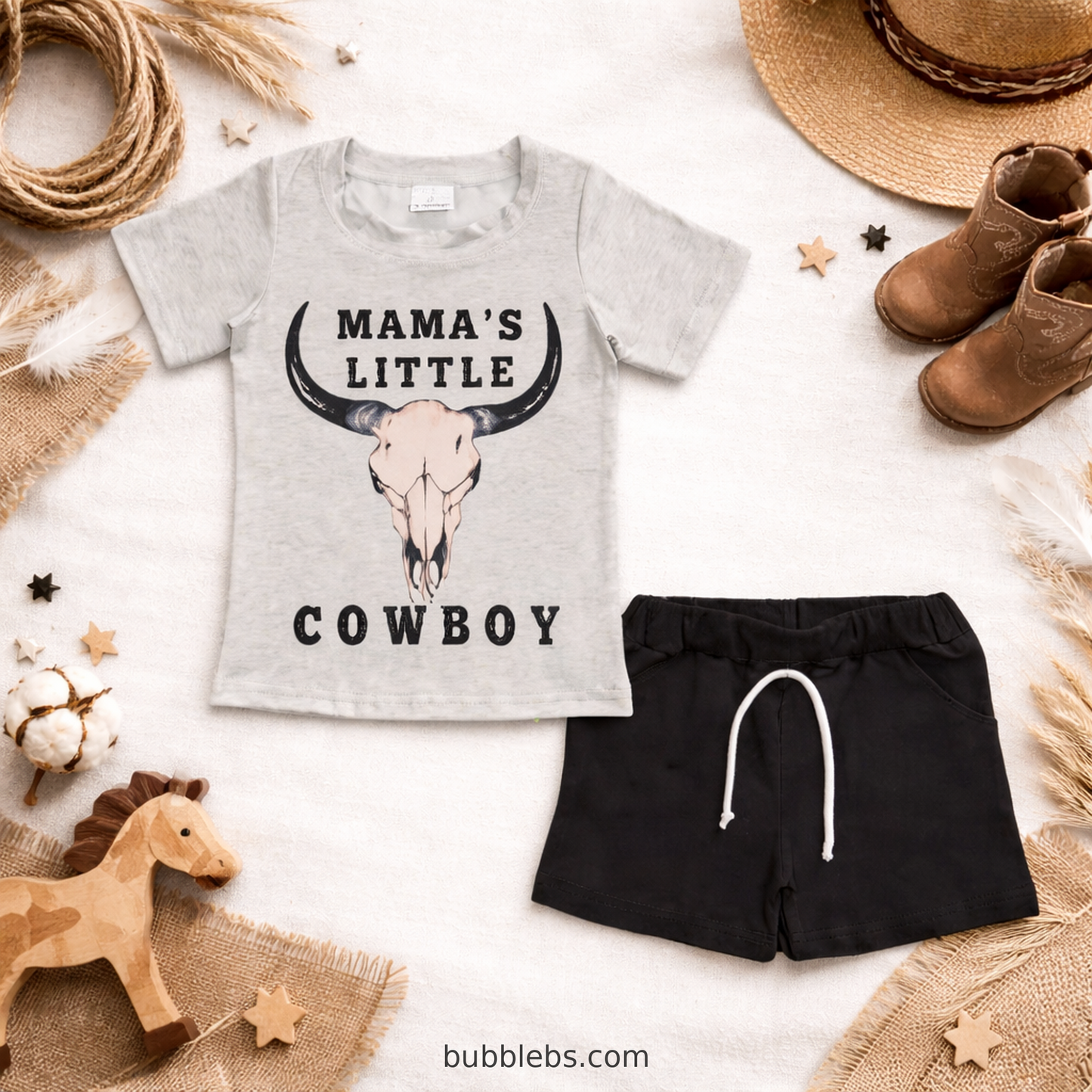Mama's Little Cowboy Gray Bull Skull Shirt & Black Shorts Boutique Boys 2-Piece Set