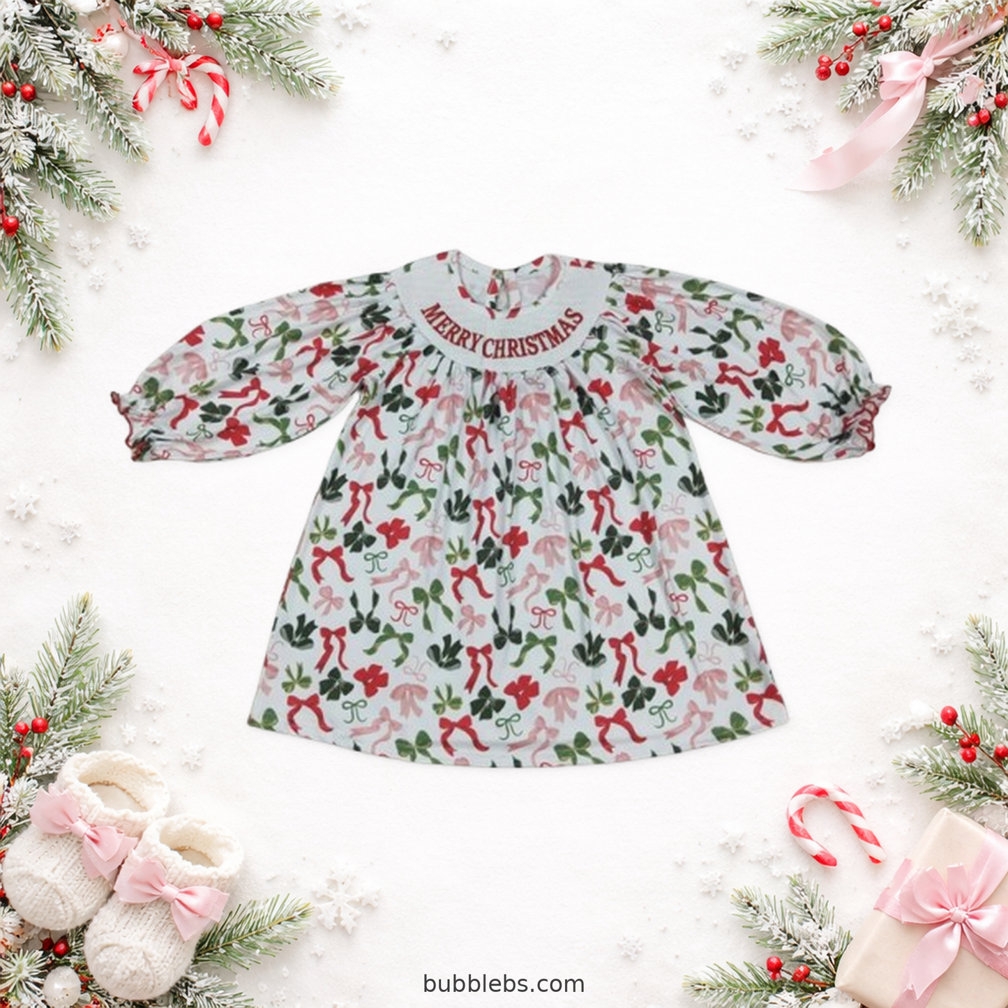 Merry Christmas Bow Embroidered Dress