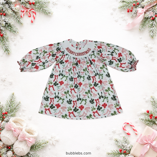 Merry Christmas Bow Embroidered Dress