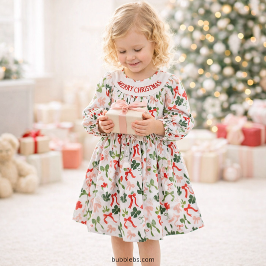Merry Christmas Bow Embroidered Dress
