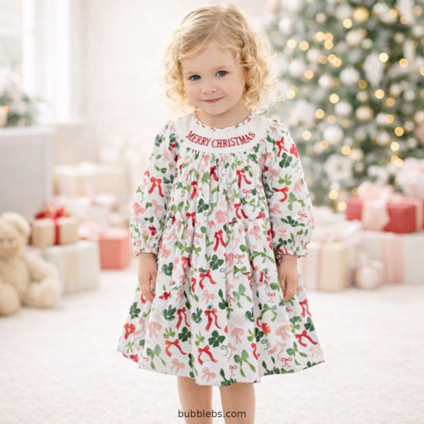 Merry Christmas Bow Embroidered Dress