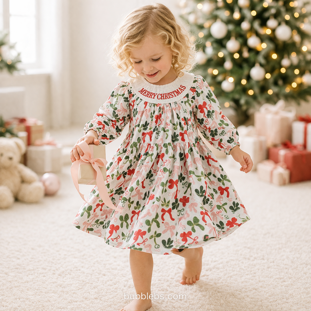 Merry Christmas Bow Embroidered Dress