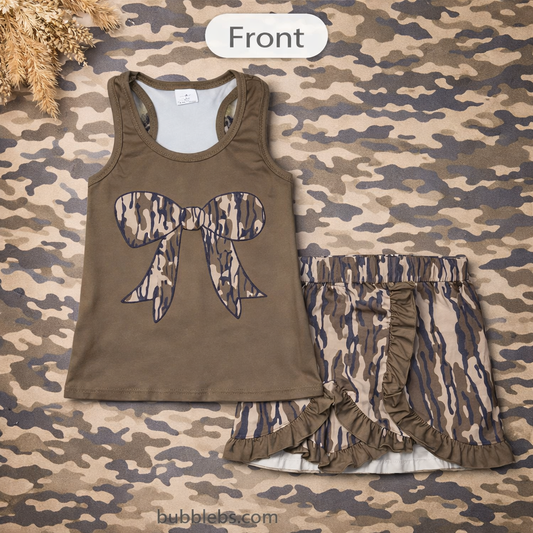 Neutral Brushstroke Camo Bow Girls Two Piece Set