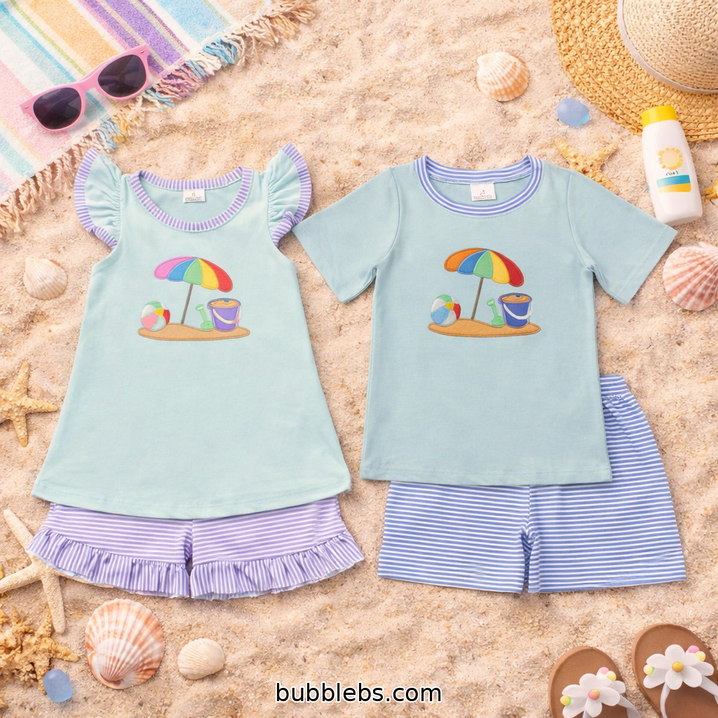 Pastel Beach Day Short Set Embroidered Boys Two Piece