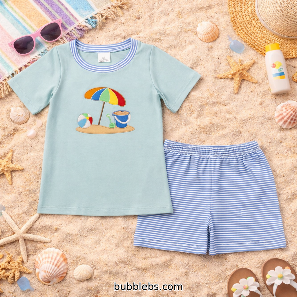 Pastel Beach Day Short Set Embroidered Boys Two Piece