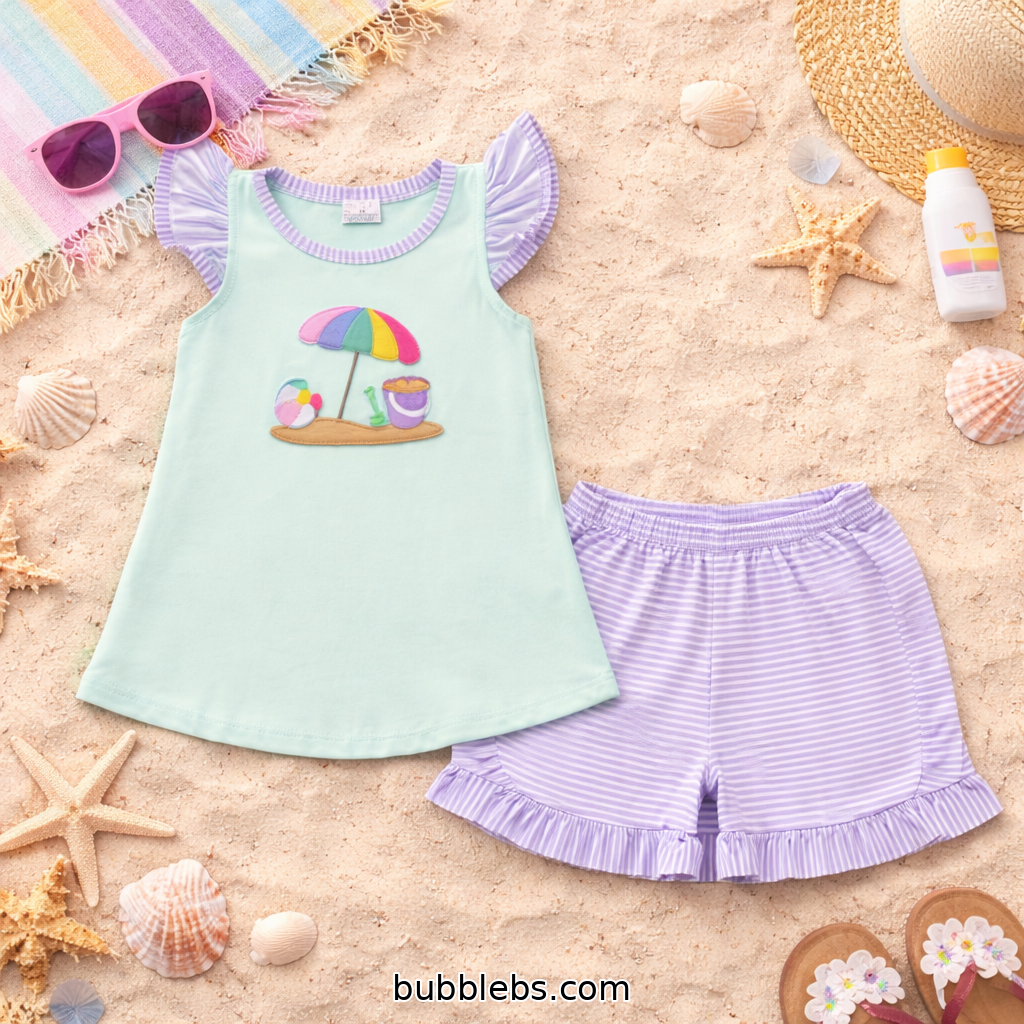 Pastel Beach Day Short Set Embroidered Girls Two Piece
