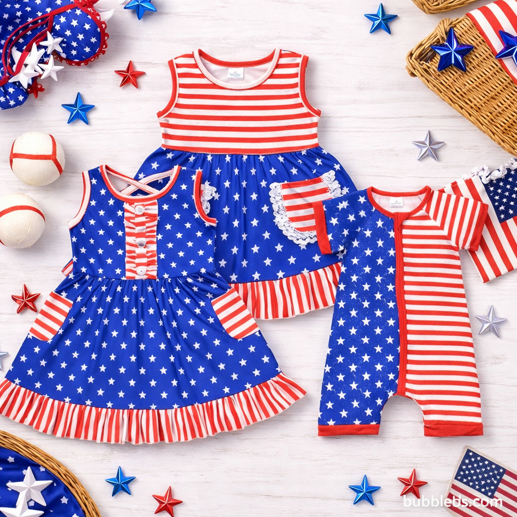 Patriotic Stars and Stripes Sibling Set Boys Romper