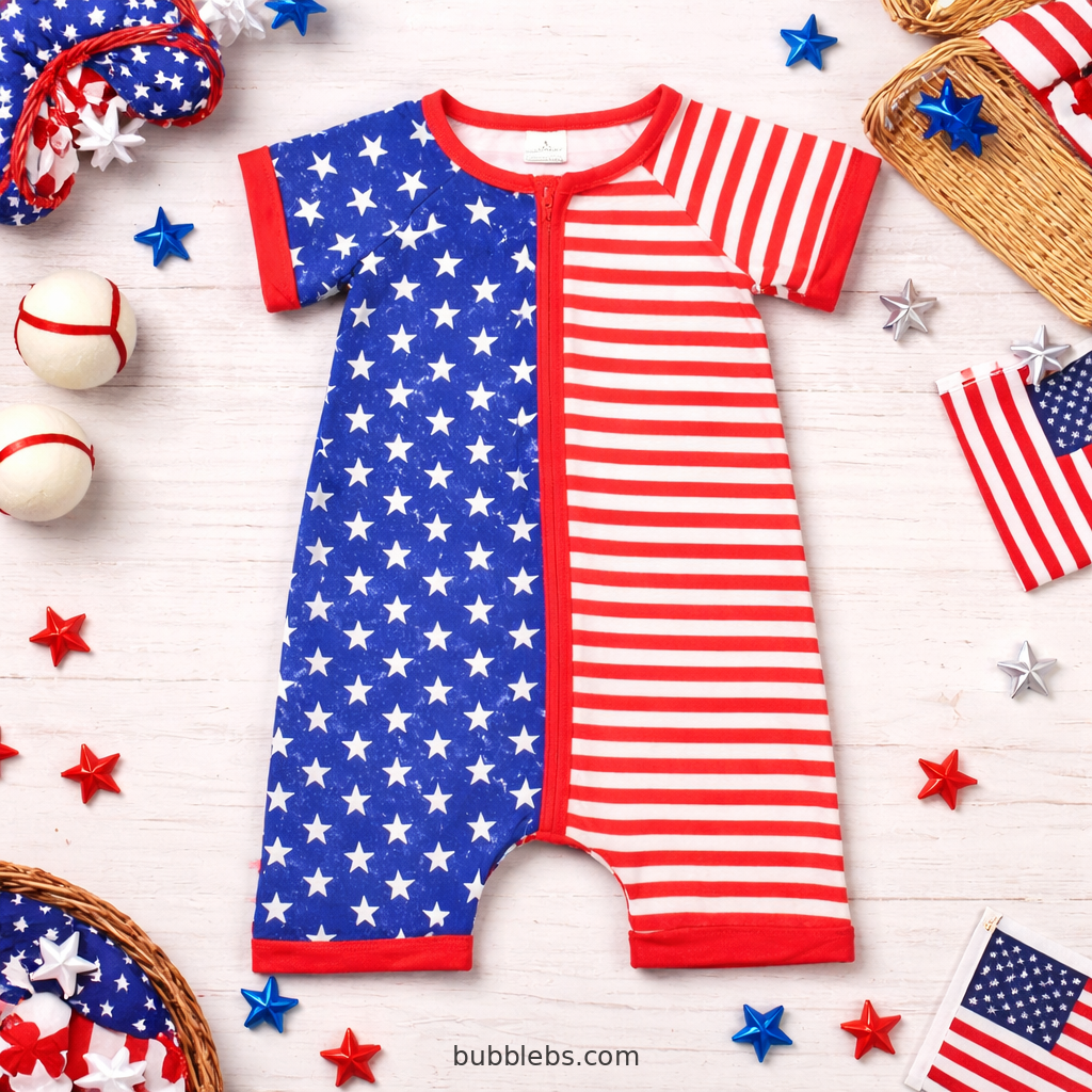 Patriotic Stars and Stripes Sibling Set Boys Romper