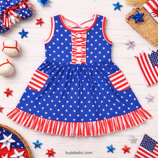 Patriotic Stars and Stripes Sibling Set Girls Dress