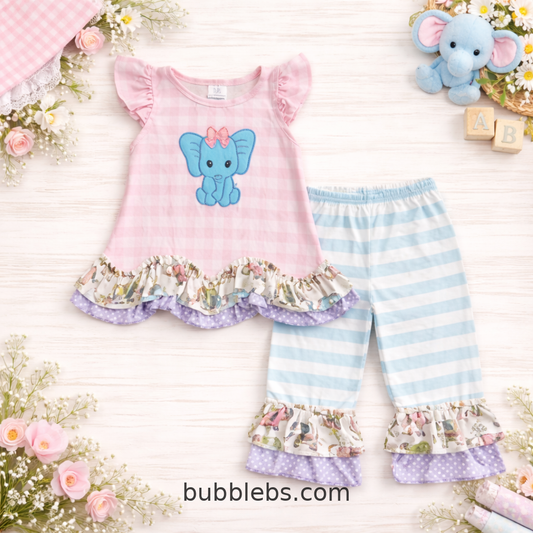 Pink Gingham Elephant Ruffle Top & Blue Stripe Ruffle Pants Set