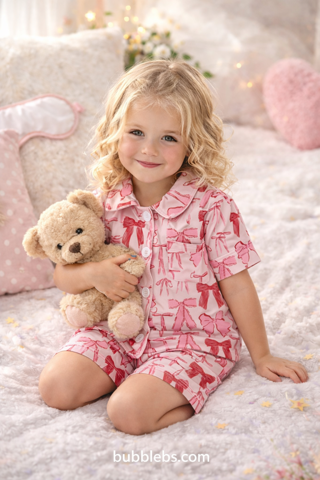 Girls Pink Bow Print Pajama Set