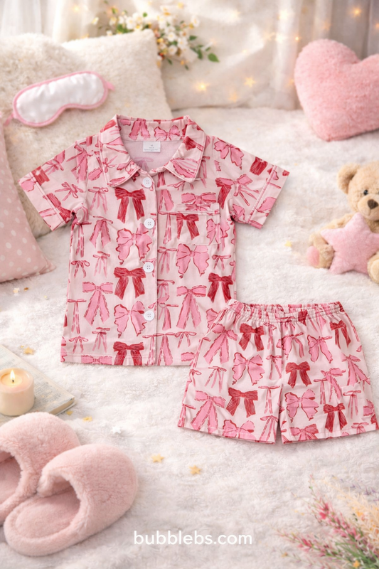 Girls Pink Bow Print Pajama Set