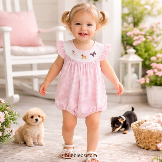 Puppy Parade Pink Gingham Bubble Romper