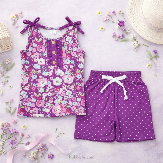 Purple Floral Tie-Shoulder Top & Polka Dot Shorts Set