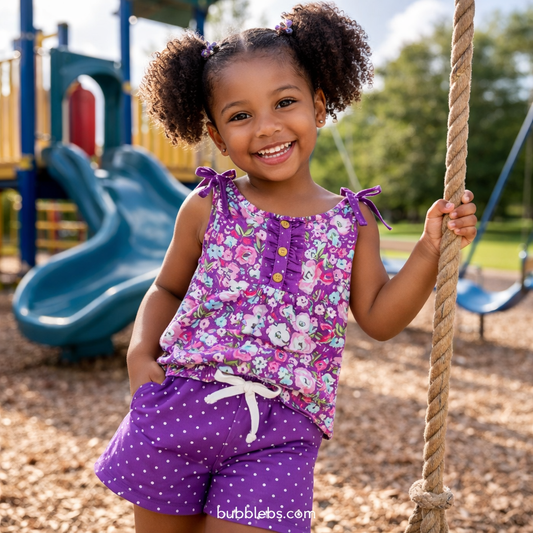 Purple Floral Tie-Shoulder Top & Polka Dot Shorts Set