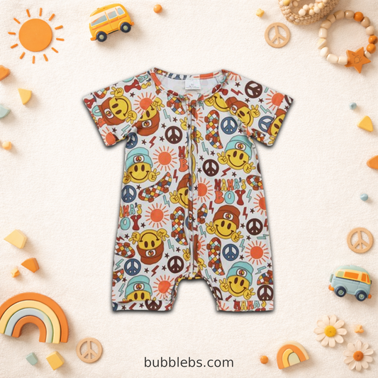 Retro Mama's Boy Smiley & Peace Sign Zip Romper