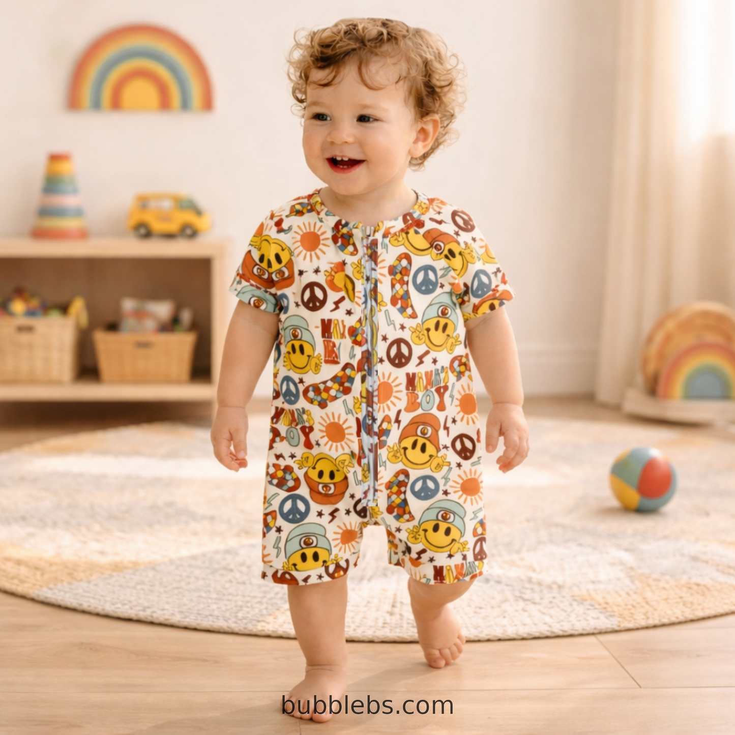 Retro Mama's Boy Smiley & Peace Sign Zip Romper
