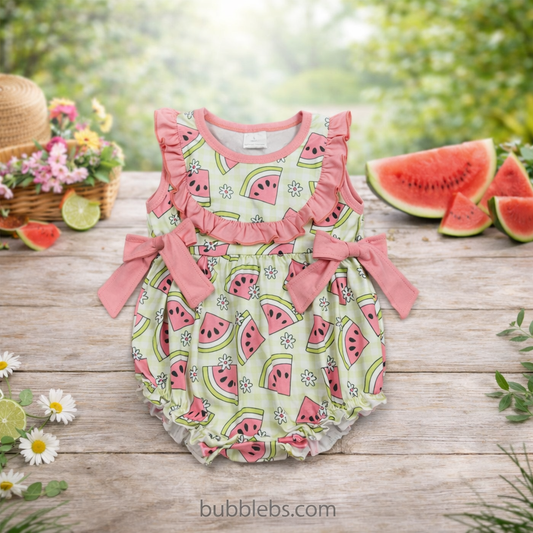 Baby Girls Sleeveless Rompers Green Checked with Watermelons Print Ruffle Design for Infants