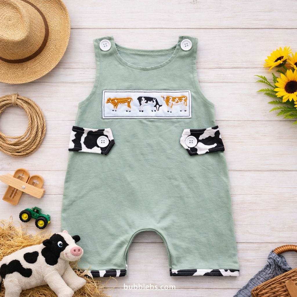 Sage Cow Print Embroidered Sibling Set - Boys Romper