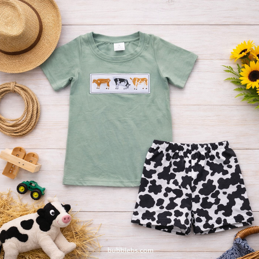 Sage Cow Print Embroidered Sibling Set - Boys Two Piece
