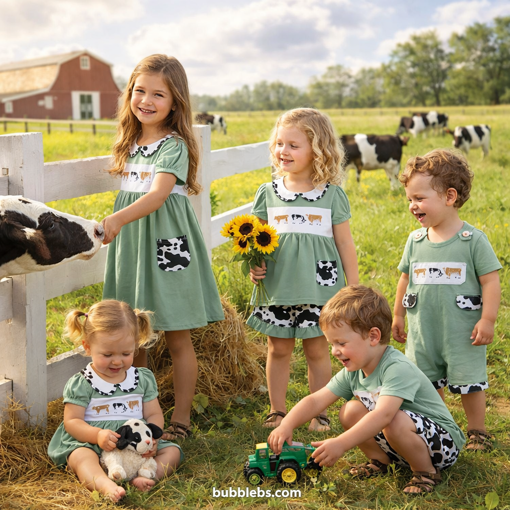 Sage Cow Print Embroidered Sibling Set - Boys Romper