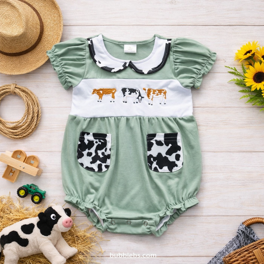 Sage Cow Print Embroidered Sibling Set - Girls Bubble