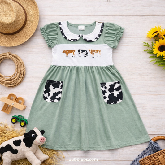 Sage Cow Print Embroidered Sibling Set - Girls Dress