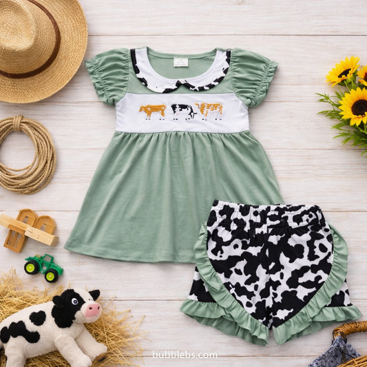 Sage Cow Print Embroidered Sibling Set - Girls Two Piece