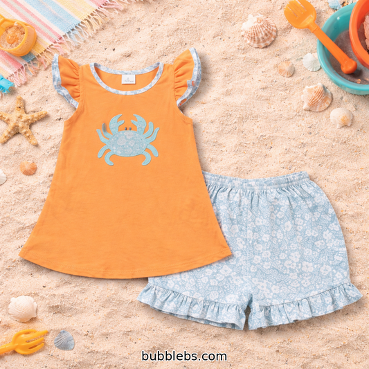Sandy Crab Ruffle Short Set Girls Two Piece